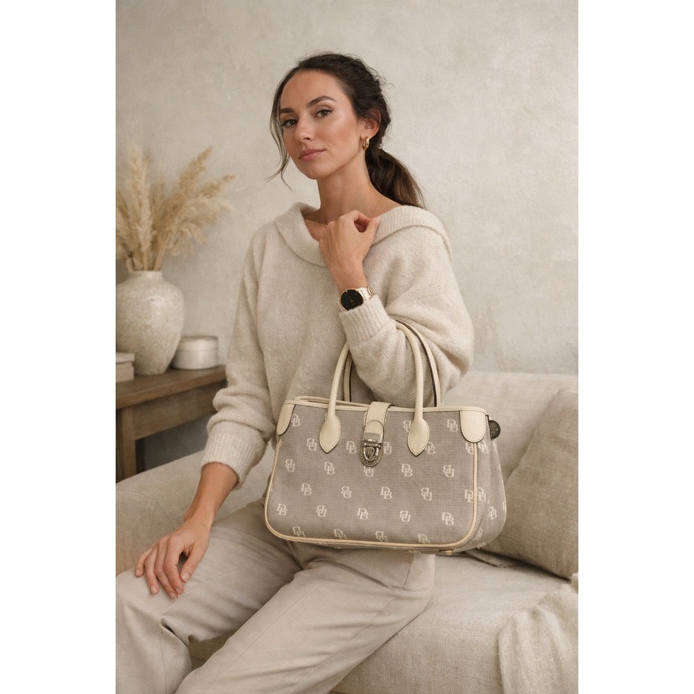 Dooney‎ & Bourke Monogram Canvas Leather Trim Satchel Bag Cream Beige Pink Liner